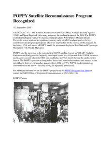 POPPY Satellite Reconnaissance Program Recognized | 12 September 2005 |