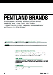 Pentland Brands Brands: Berghaus, Boxfresh, Brasher, Canterbury, Ellesse, Kangaroos, Mitre, Prostar, Red or Dead, Speedo. License holders for Lacoste Chaussures, Ted Baker footwear and Kickers in the UK and Ireland