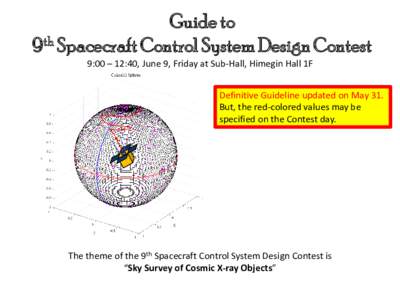 Guide to 9th Spacecraft Control System Design Contest 9:00 – 12:40, June 9, Friday at Sub-Hall, Himegin Hall 1F Definitive Guideline updated on May 31. But, the red-colored values may be specified on the Contest day.