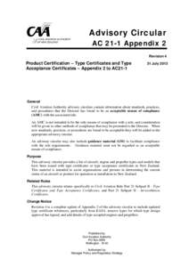 Advisory Circular AC 21-1 Appendix 2 Revision 4 Product Certification – Type Certificates and Type Acceptance Certificates – Appendix 2 to AC21-1