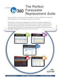 The Perfect Forecaster Replacement Suite Sooner or later, you’re going to have to replace Forecaster. BI360 can provide you with replacement for your budgeting needs and much more! BI360 offers a solution with capabili
