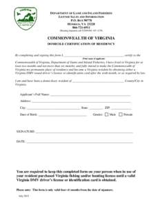 Certification for Domicile Resident Licenses and Permits to Hunt, Fish, or Trap in Virginia