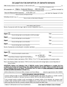 DECLARATION FOR DISPOSITION OF CREMATED REMAINS