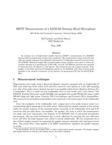 HRTF Measurements of a KEMAR Dummy-Head Microphone MIT Media Lab Perceptual Computing - Technical Report #280 Bill Gardner and Keith Martin