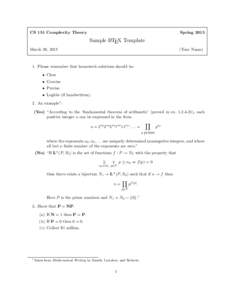 CS 151 Complexity Theory  Spring 2015 Sample LATEX Template March 29, 2015