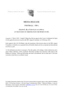 Tribunal Arbitral du Sport  Court of Arbitration for Sport MEDIA RELEASE FOOTBALL - FIFA