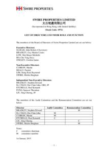SWIRE PROPERTIES LIMITED 太古地產有限公司 (Incorporated in Hong Kong with limited liability) (Stock Code: 1972) LIST OF DIRECTORS AND THEIR ROLE AND FUNCTION