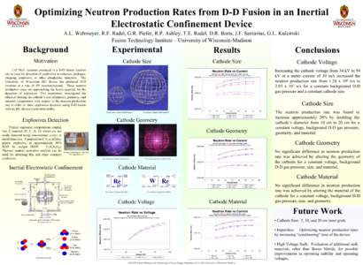 Optimizing Neutron Production Rates from D-D Fusion in an Inertial Electrostatic Confinement Device A.L. Wehmeyer, R.F. Radel, G.R. Piefer, R.P. Ashley, T.E. Radel, D.R. Boris, J.F. Santarius, G.L. Kulcinski Fusion Techn