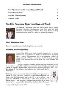 Biographies - Victor Surnames  Van Dijk, Rosemary ‘Rose’ (nee Hays and Wood) 1