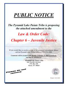 PUBLIC NOTICE The Pyramid Lake Paiute Tribe is proposing the attached amendment to the Law & Order Code: Chapter 6 – Juvenile Justice