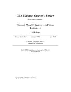 Walt Whitman Quarterly Review http://ir.uiowa.edu/wwqr ”Song of Myself,” Section 1, in Fifteen Languages Ed Folsom