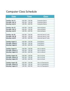 Computer Class Schedule Date Time  Class