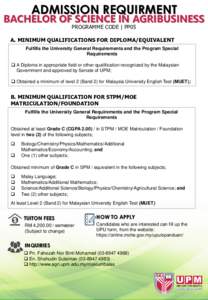 ADMISSION REQUIRMENT  BACHELOR OF SCIENCE IN AGRIBUSINESS PROGRAMME CODE | PP05  A. MINIMUM QUALIFICATIONS FOR DIPLOMA/EQUIVALENT