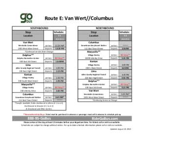 Route E: Van Wert//Columbus SOUTHBOUND Stop Location  Schedule: