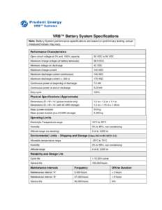 VRB™ Battery System Specifications Note: Battery System performance specifications are based on preliminary testing; actual measured values may vary. Performance Characteristics Open circuit voltage at 0% and 100% capa