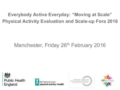 Everybody Active Everyday: “Moving at Scale” Physical Activity Evaluation and Scale-up Fora 2016 Manchester, Friday 26th February 2016  Everybody active everyday: