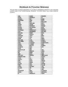 Workbook A-Z Function Reference This document (© Visual Components Inc.) provides an alphabetical reference for the worksheet functions used in the FilmStar/Scantraq Workbook. The 32-bit version may include additional f
