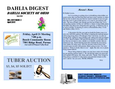 DAHLIA DIGEST DAHLIA SOCIETY OF OHIO Since 1930 VOLISSUE 2 April 2017