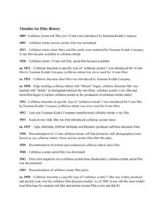 Timeline for Film History 1889 –Cellulose nitrate roll film (not 35 mm) was introduced by Eastman Kodak Company 1895 – Cellulose nitrate motion picture film was introduced 1912 – Cellulose nitrate sheet films and f