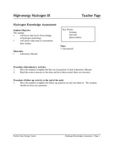 High-energy Hydrogen III  Teacher Page Hydrogen Knowledge Assessment Student Objective