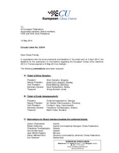 To: All European Federations Associated members, Board members, FIDE and FIDE Zone Presidents 12 May 2014 Circular Letter No