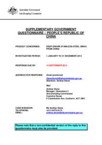 SUPPLEMENTARY GOVERNMENT QUESTIONNAIRE – PEOPLE’S REPUBLIC OF CHINA PRODUCT CONCERNED:  DEEP DRAWN STAINLESS STEEL SINKS