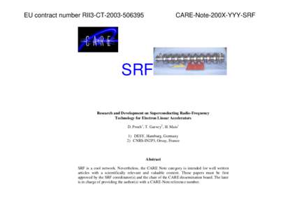 EU contract number RII3-CTCARE-Note-200X-YYY-SRF SRF Research and Development on Superconducting Radio-Frequency