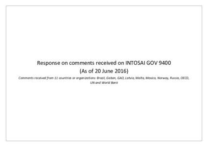Response on comments received on INTOSAI GOVAs of 20 JuneComments received from 11 countries or organizations: Brazil, Gabon, GAO, Latvia, Malta, Mexico, Norway, Russia, OECD, UN and World Bank  Author