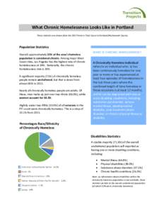 What Chronic Homelessness Looks Like in Portland These statistics are drawn from the 2017 Point in Time Count in Portland/Multnomah County. Population Statistics Overall, approximately 31% of the area’s homeless popula