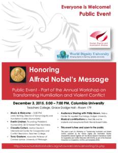 Everyone is Welcome!  Public Event Honoring Alfred Nobel’s Message