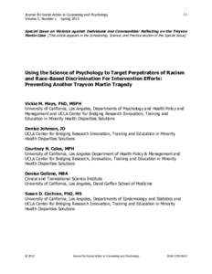 11  Journal for Social Action in Counseling and Psychology Volume 5, Number 1 Spring[removed]Special Issue on Violence against Individuals and Communities: Reflecting on the Trayvon