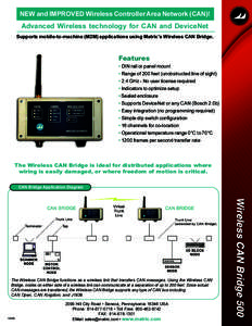 NEW and IMPROVED Wireless Controller Area Network (CAN)!  Advanced Wireless technology for CAN and DeviceNet Supports mobile-to-machine (M2M) applications using Matrics Wireless CAN Bridge.  Features