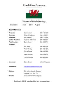 Cymdeithas Gymraeg  Victoria Welsh Society Newsletter :  Awst