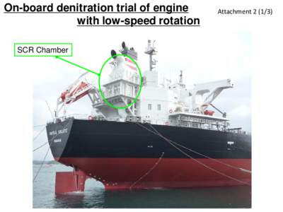 On-board denitration trial of engine with low-speed rotation SCR Chamber Attachment)