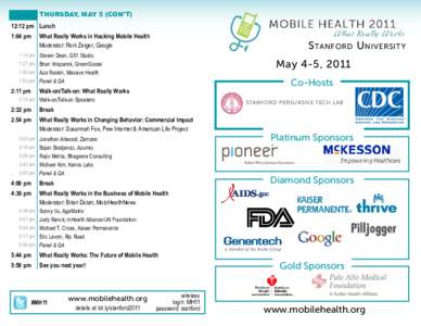THURSDAY, MAY 5 (CON’T) 12:12 pm Lunch   1:04 pm What Really Works in Hacking Mobile Health Moderator:  Roni  Zeiger,  Google