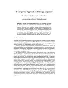 A Categorical Approach to Ontology Alignment Mihai Codescu, Till Mossakowski, and Oliver Kutz Institute of Knowledge and Language Engineering Otto-von-Guericke University of Magdeburg, Germany  Ontology matching and alig