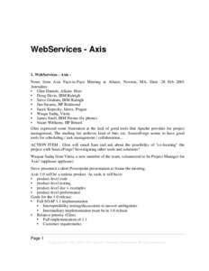 WebServices - Axis 1. WebServices - Axis Notes from Axis Face-to-Face Meeting at Allaire, Newton, MA. Date: 28 Feb 2001 Attendees: • Glen Daniels, Allaire. Host • Doug Davis, IBM Raleigh • Steve Graham, IBM Raleigh