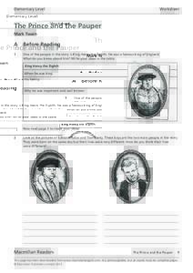 Elementary Level 	  Worksheet The Prince and the Pauper Mark Twain