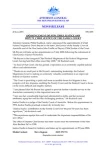 ANNOUNCEMENT OF NEW CHIEF JUSTICE OF THE FAMILY COURT OF AUSTRALIA