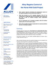 Alloy Regains Control of  For personal use only the Horse Well Gold Project