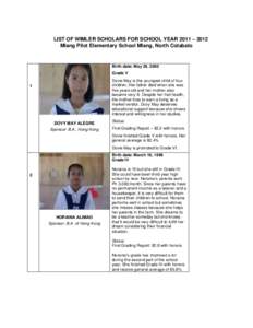 LIST OF WIMLER SCHOLARS FOR SCHOOL YEAR 2011 – 2012 Mlang Pilot Elementary School Mlang, North Cotabato Birth date: May 26, 2000 Grade V Dovie May is the youngest child of four