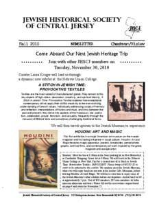 JEWISH HISTORICAL SOCIETY OF CENTRAL JERSEY Fall 2010 NEWSLETTER