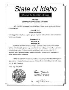 State of Idaho I 1111 AMENDED CERTIFICATE OF FRANCHISE AUTHORITY