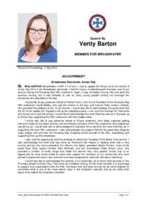 Speech By  Verity Barton MEMBER FOR BROADWATER  Record of Proceedings, 7 May 2014