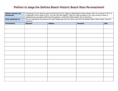 Petition to stage the Sellicks Beach Historic Beach Race Re-enactment Petition summary and background Onkaparinga Council denied a permit to Motorcycling SA to stage the Sellicks Beach Historic Beach Race Re-enactment.in