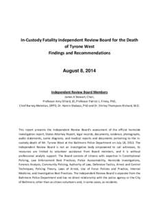        In‐Custody Fatality Independent Review Board for the Death  of Tyrone West 