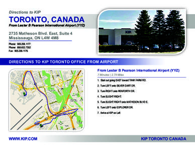 Directions to KIP  TORONTO, CANADA From Lester B Pearson International Airport (YYZ)