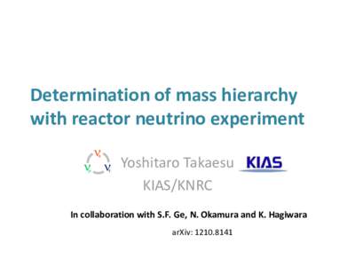 Determination of mass hierarchy with reactor neutrino experiment Yoshitaro Takaesu KIAS/KNRC In collaboration with S.F. Ge, N. Okamura and K. Hagiwara arXiv: 