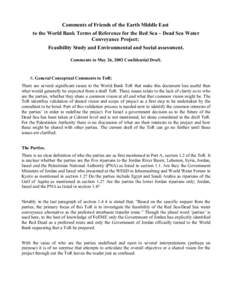 Comments of Friends of the Earth Middle East to the World Bank Terms of Reference for the Red Sea – Dead Sea Water Conveyance Project; Feasibility Study and Environmental and Social assessment. Comments to May 26, 2003