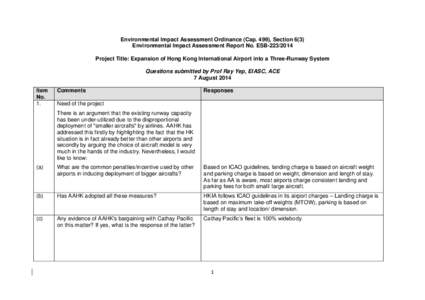 Environmental Impact Assessment Ordinance (Cap. 499), Section 6(3) Environmental Impact Assessment Report No. ESB[removed]Project Title: Expansion of Hong Kong International Airport into a Three-Runway System Questions 